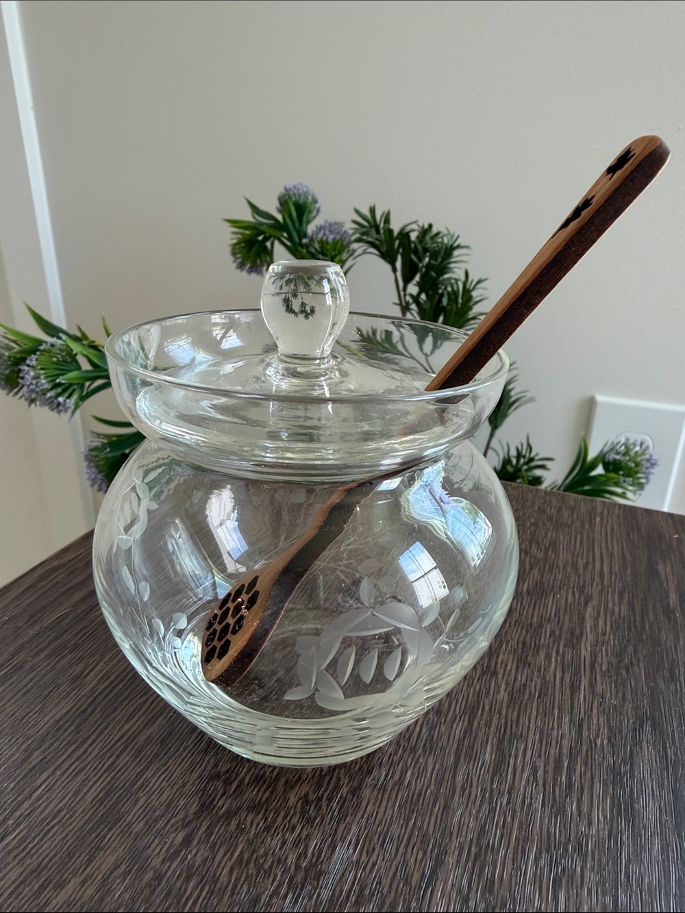 Vintage Clear Glass Honey/Jam Jar w/ Etched Floral Pattern and Wooden Dipper
